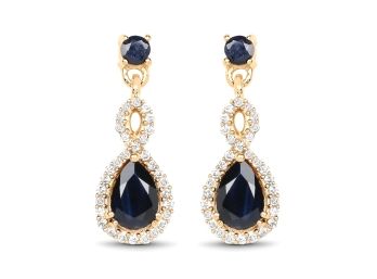 1.19 Carat Genuine Blue Sapphire And White Diamond 14K Yellow Gold Earrings