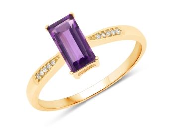 0.73 Carat Genuine Amethyst And White Diamond 14K Yellow Gold Ring