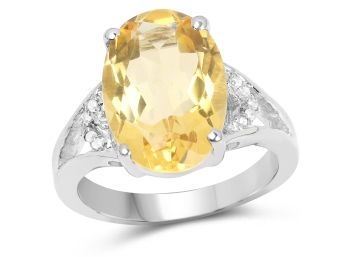 4.55 Carat Genuine Citrine And White Diamond .925 Sterling Silver Ring