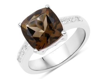 3.77 Carat Genuine Smoky Quartz And White Topaz .925 Sterling Silver Ring