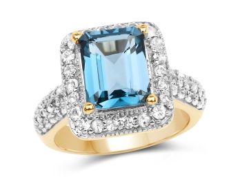 14K Yellow Gold Plated 5.03 Carat Genuine London Blue Topaz And White Topaz .925 Sterling Silver Ring