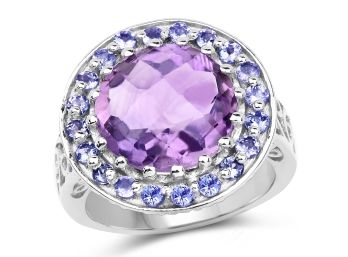 5.95 Carat Genuine Amethyst And Tanzanite .925 Sterling Silver Ring