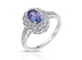 0.87 Carat Genuine Tanzanite And White Diamond .925 Sterling Silver Ring