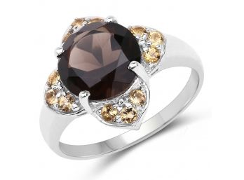 3.47 Carat Genuine Smoky Quartz And Citrine .925 Sterling Silver Ring