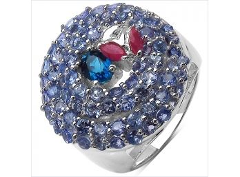 3.31 Carat Genuine London Blue Topaz , Ruby & Tanzanite .925 Sterling Silver Ring