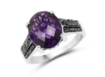 3.96 Carat Genuine Amethyst & Black Diamond .925 Sterling Silver Ring, Size 7.00