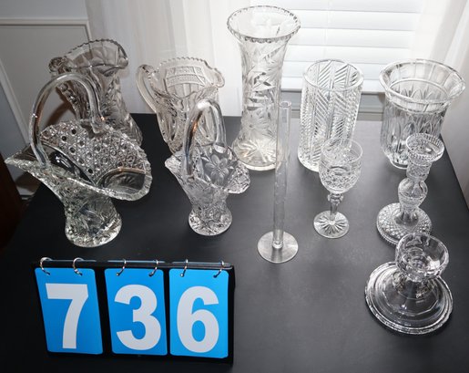 11 - Pieces Of Unbranded Crystal Bowls, Glasses,  Basket, Pitcher, Vase