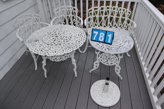 Outdoor White Metal Iron Patio Set - 2 Tables, Bench, 2 Chairs, & Umbrella Holder