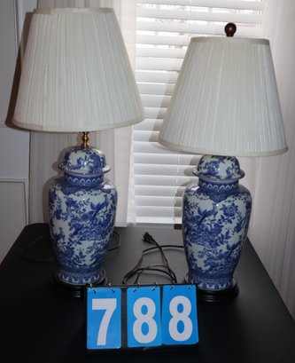 2 Blue & White Asian Style Lamps - Oriental Floral & Bird Motif Porcelain - 18' X 8'