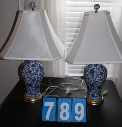 2 Ralph Lauren - Blue & White Asian Style Lamps - Oriental Floral & Bird Motif Porcelain
