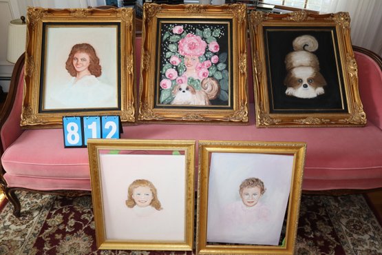 5 Gold Frames - Wooden Frames W/ Unknown Artist Painting People Portraits And A Dog