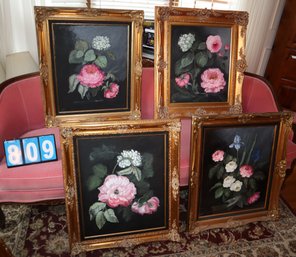 4 - Gold Frames W/ Art Work Paintings - Unknown Artist Signed - Flowers