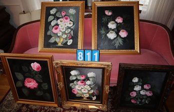 5 Gold Frames - Wooden Frames W/ Unknown Artist Painting Flowers