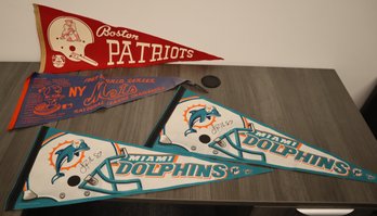 4 Vintage Pennants (2 Signed) - Boston Patriots, 1969 World Series NY Mets & Miami Dolphins