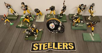 HUGE Collection Of 13 Pittsburgh Steelers Figures - Jerome Bettis Signed Mini Helmet