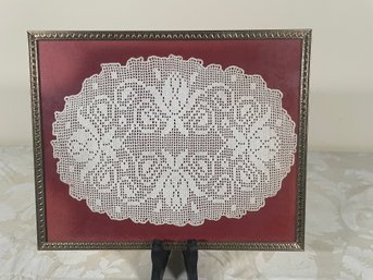 Crocheted Oval Doily In Gold Frame