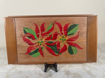 Wooden Serving Tray With Painted  Red Flowers