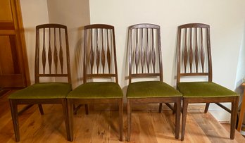 4 Dark Wood Dining Chairs With Olive Green Velvet