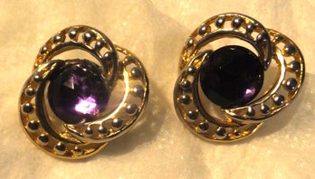 Pierced Earrings W/amethyst Center Stone