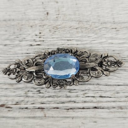 Vintage Blue Rhinestone Brooch Silver Filigree Pin Beautiful Design Classic Pin