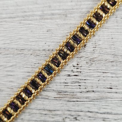 Vintage 7 1/2' Bracelet Gold Tone Chain Blue Purple Stack Beautiful Design Classic