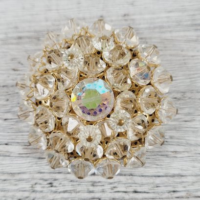 Vintage AB Crystal Cluster Brooch Gold Tone Pin Beautiful Design Classic Costume Jewelry