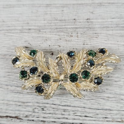 Vintage Rhinestone Brooch Green Gold Tone Pin Beautiful Design Classic Costume Jewelry