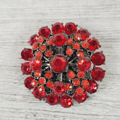 Vintage Rhinestone Brooch Large Red Pin Beautiful Design Classic Costume Jewelry