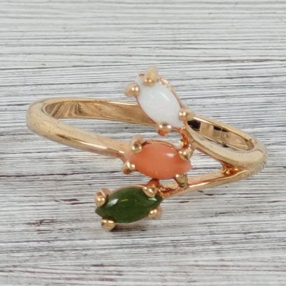 Vintage Opal Coral Jade Stone Ring Size 9 Gold Tone Beautiful Stone Design Classic Costume Jewelry