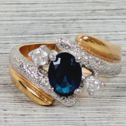 Vintage Blue Clear Crystal Ring Size 7 Gold Tone Beautiful Design Classic Costume Jewelry