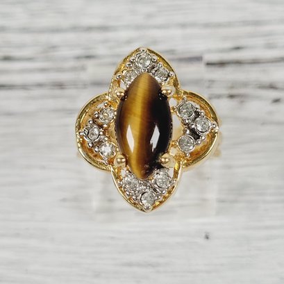 Vintage Tigers Eye Ring Size 4 34 Gold-tone Beautiful Design Classic Costume Jewelry