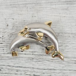 Vintage Dolphin Brooch Pin Silver Gold Tone Beautiful Design Classic Pin