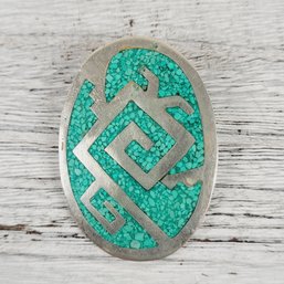 Vintage Mexican Crushed Turquoise Inlay Brooch Silver Pin Beautiful Design Classic Pin