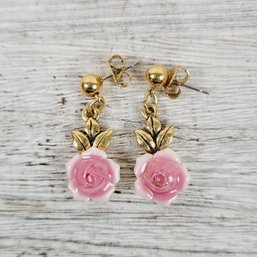 Vintage Earrings Push Back Dangle Pink Flower Rose Beautiful Costume Design Classic