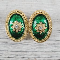 Vintage Earrings Clip On Gold Tone Green Stud Beautiful Costume Design Classic