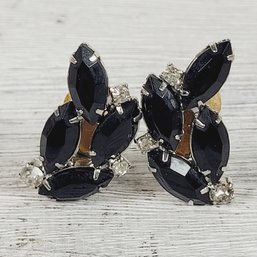 Vintage Earrings Clip On Black Rhinestone Stud Beautiful Costume Design Classic