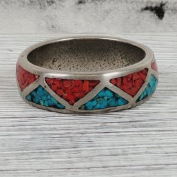 Vintage Ring Sz. 11 1/2 Silver Tone Turquoise Coral Beautiful Costume Design Classic
