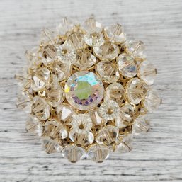 Vintage AB Crystal Cluster Brooch Gold Tone Pin Beautiful Design Classic Costume Jewelry