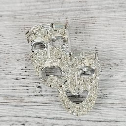 Vintage Rhinestone Brooch Theater Face Mask Silver Tone Pin Beautiful Design Classic Costume Jewelry