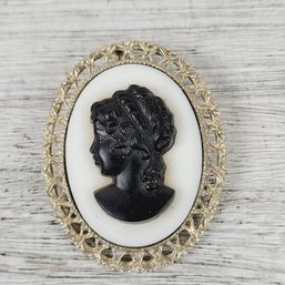 Vintage Cameo Brooch Silver Tone Pin Beautiful Design Classic Costume Jewelry
