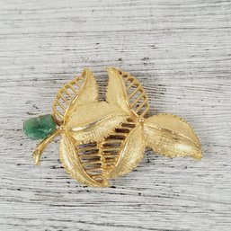 Vintage Leaf Brooch Green Stone Gold Tone Pin Beautiful Design Classic Costume Jewelry