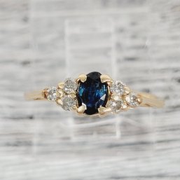 Vintage 14K Gold Ring Diamond And Sapphire Size 4 Retro Era Very Pretty