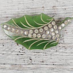 Vintage Lucite Brooch Pin Green Leaf Rhinestone Beautiful Design Classic Costume Jewelry