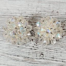 Vintage Crystal Cluster Earrings Clip On Germany Stud Rhinestone Beautiful Design Classic Costume Jewelry