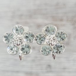 Vintage Rhinestone Earrings Clip On Flower Stud Beautiful Design Classic Costume Jewelry