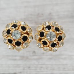 Vintage Earrings Clip On Black Rhinestone Gold-tone Stud Beautiful Design Classic Costume Jewelry