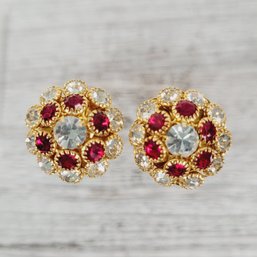 Vintage Earrings Clip On Red Rhinestone Gold-tone Stud Beautiful Design Classic Costume Jewelry