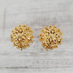 Vintage Earrings Clip On Gold-tone Stud Beautiful Design Classic Costume Jewelry