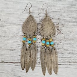 Vintage Earrings Pierced Dangle Turquoise Glass Feather Beautiful Design Classic Costume Jewelry