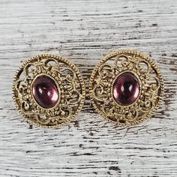 Vintage Earrings Pierced Purple Gold-Tone Stud Beautiful Design Classic Costume Jewelry